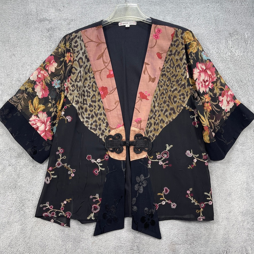 Spencer Alexis Kimono Top Women Medium Black Floral Leopard Silk Blend